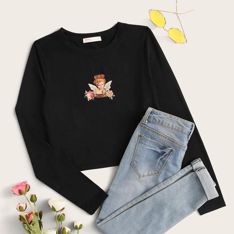 

Angel Print Long Sleeve Tee, Black