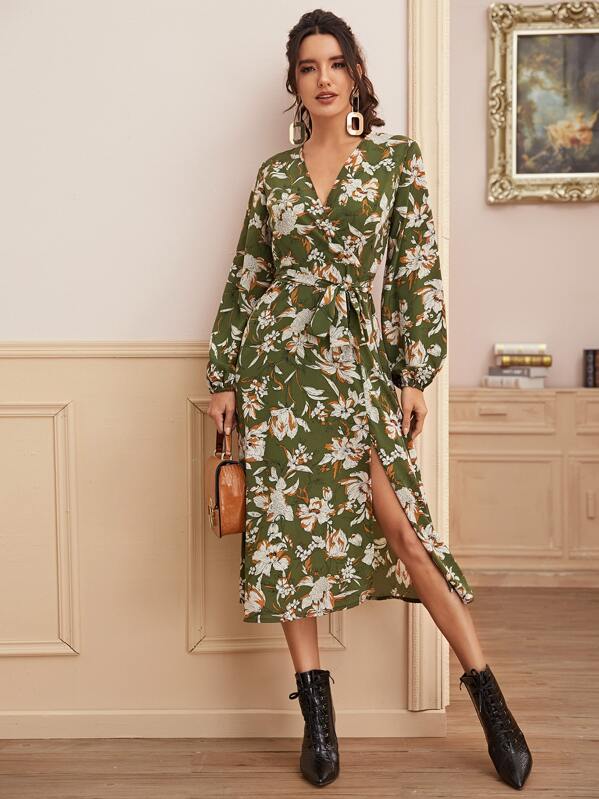 

Floral Print Surplice Front Belted Split Thigh Dress, Green, Juliana
