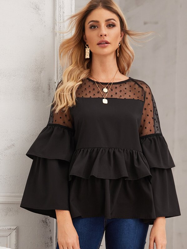 

Swiss Dot Ruffle Trim Peplum Blouse, Black, Nathane
