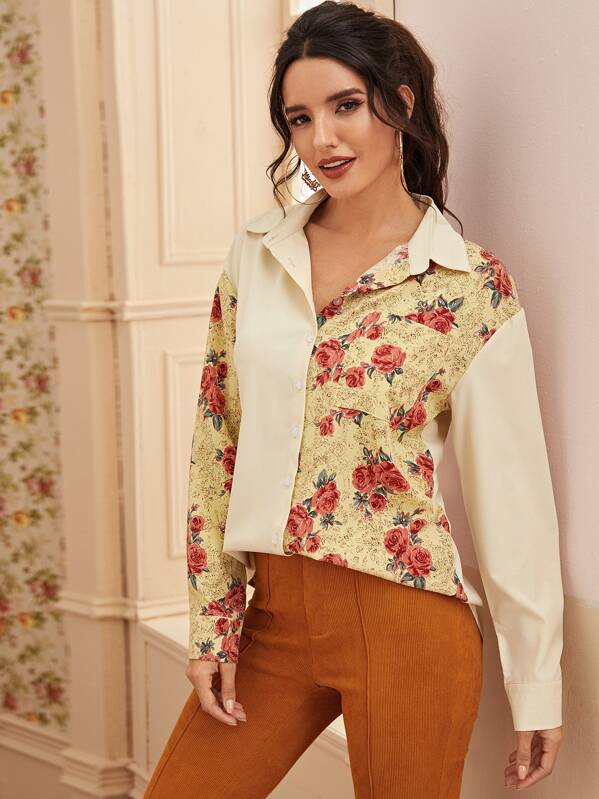 

Floral Print Color-Block Button Through Blouse, Yellow, Juliana