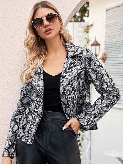 Lapel Snakeskin Print Zip Up Biker Jacket