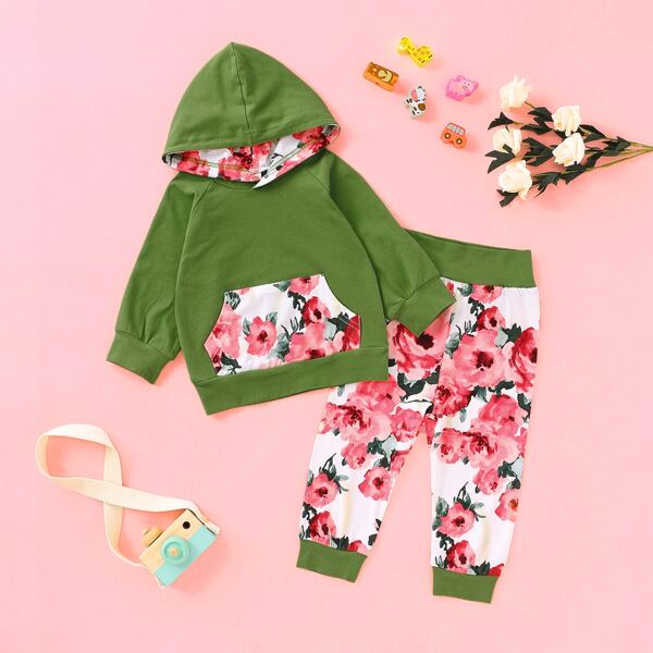 

Baby Girl Floral Print Kangaroo Pocket Hoodie & Sweatpants, Multicolor