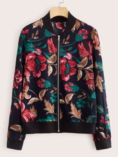 Floral Print Zip Up Bomber Jacket