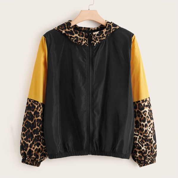 

Plus Colorblock Leopard Print Windbreaker Jacket, Black