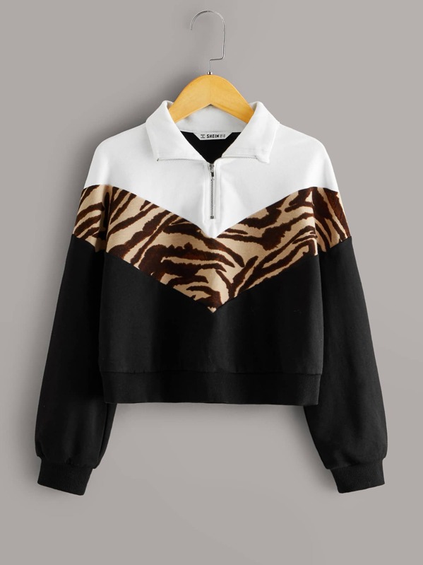 

Girls Zip Half Placket Colorblock Sweatshirt, Black and white