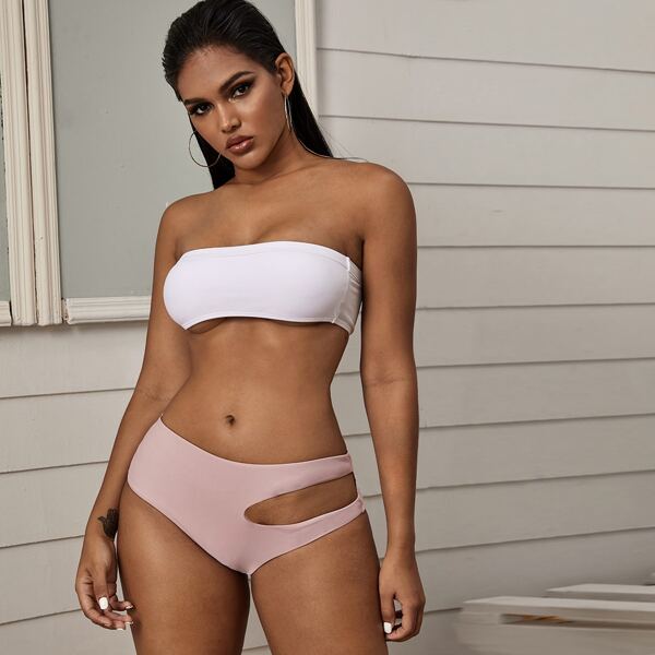 

Two Tone Bandeau With Cut-out High Waist Bikini, Multicolor
