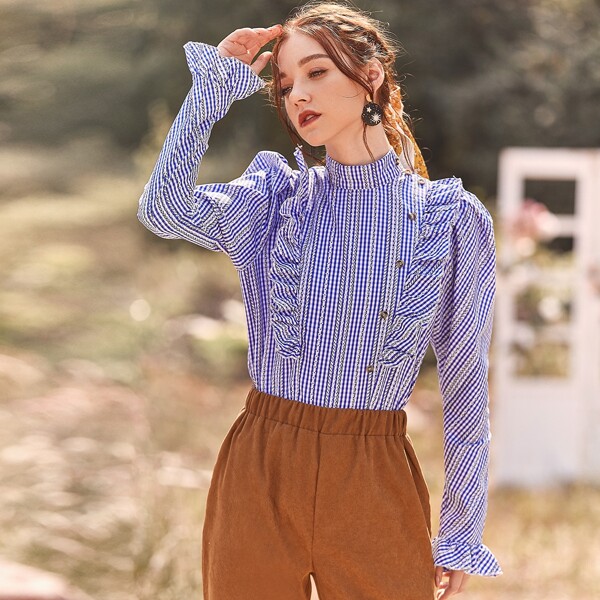 

Gingham Button Ruffle Trim Blouse, Blue