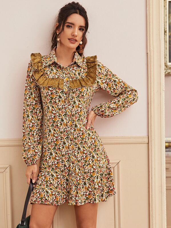 

Allover Print Ruffle Trim Shirt Dress, Multicolor, Juliana