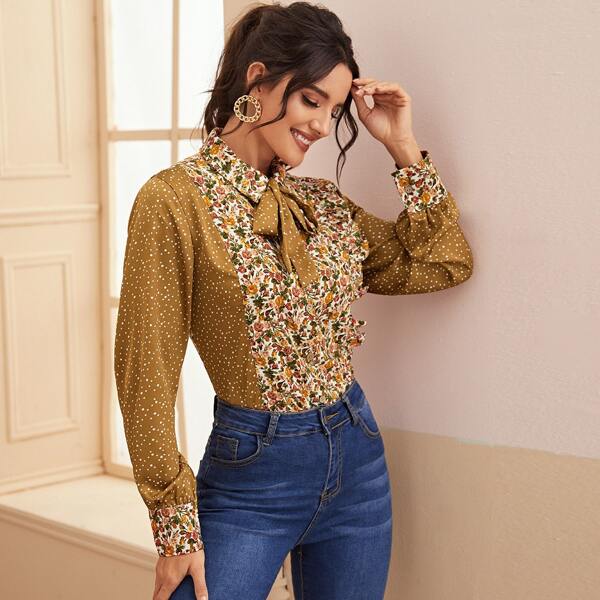 

Polka Dot Floral Print Knot Blouse, Multicolor