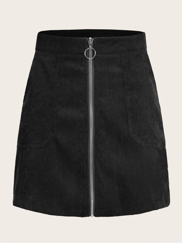 

O-ring Zip Up Corduroy Skirt, Black