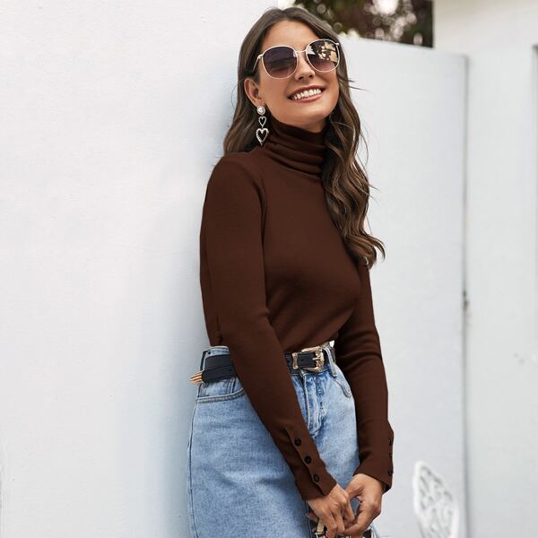 

High Neck Button Cuff Sweater, Brown