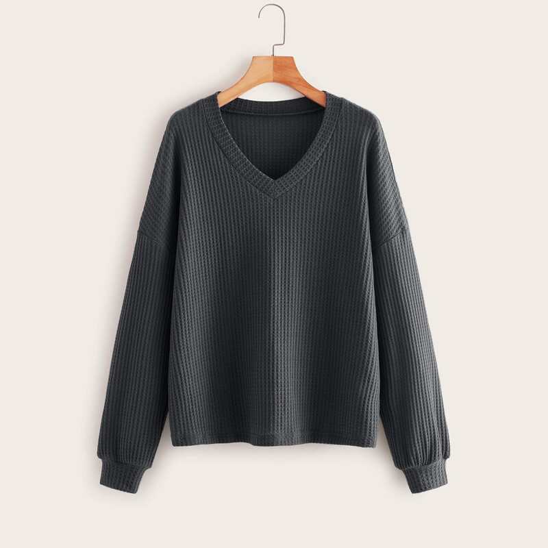 

Solid V-neck Drop Shoulder Tee, Grey
