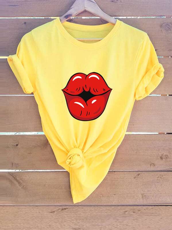 

Mouth Print Short Sleeve Tee, Yellow