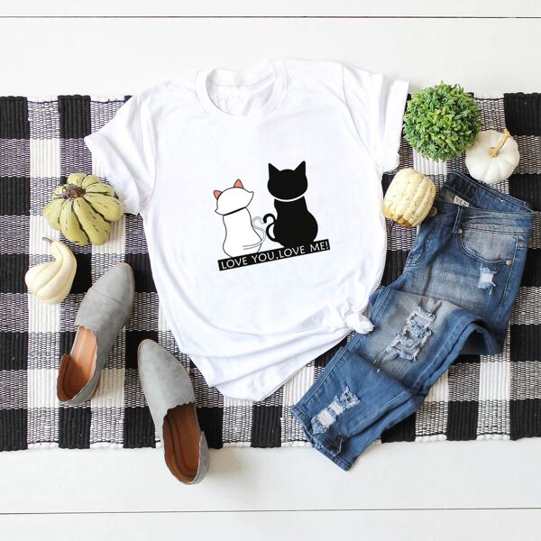 

Cat And Slogan Graphic Tee, White