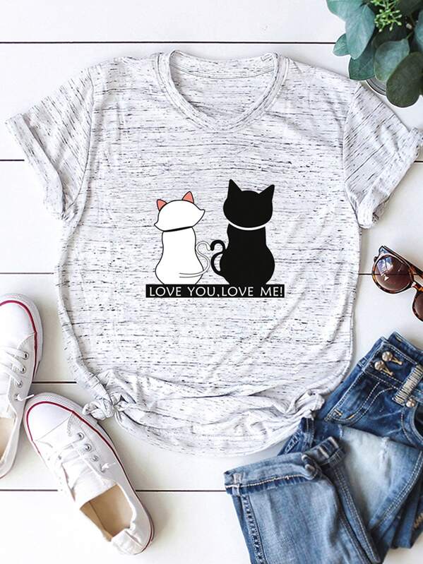 

Cat And Slogan Graphic Tee, Grey