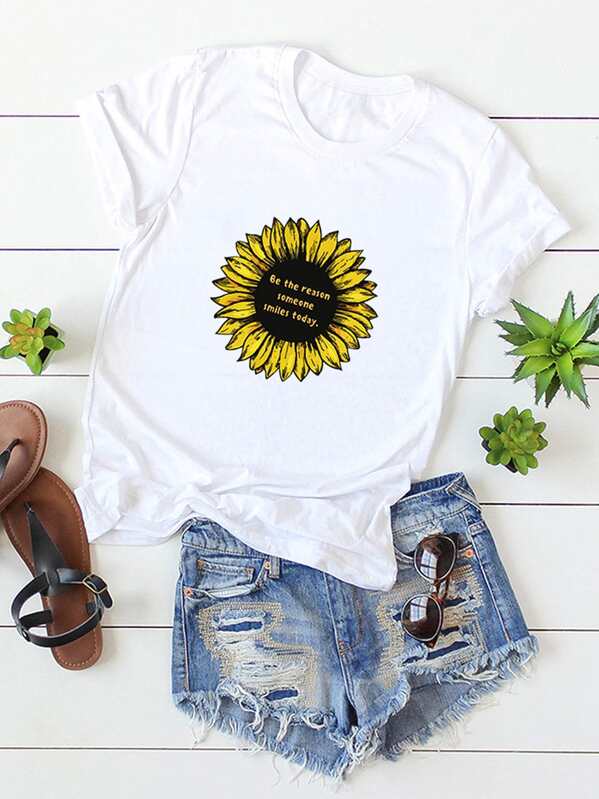 

Sunflower And Slogan Graphic Tee, White