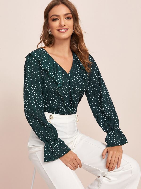 

Allover Polka Dot Ruffle Blouse, Green, Luiza