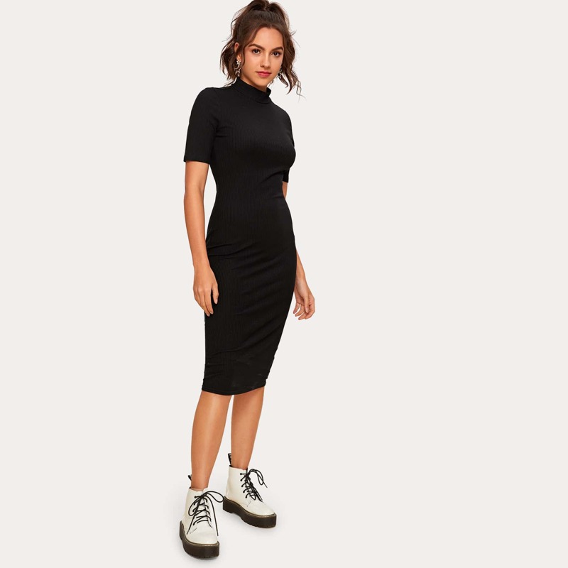 

High Neck Rib Pencil Dress, Black