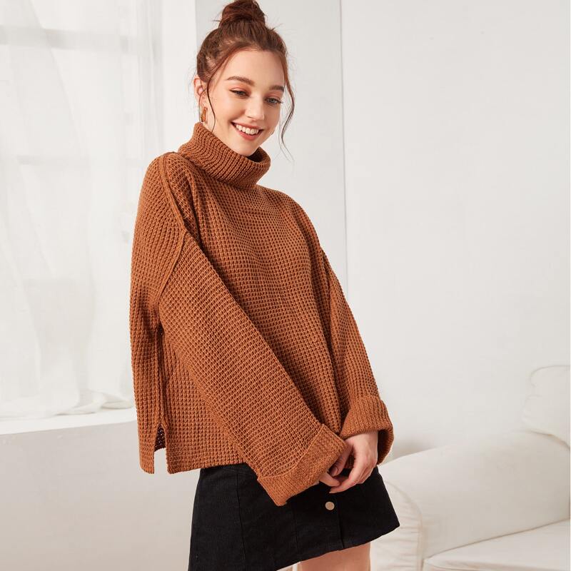 

Rolled Neck and Cuff Waffle Knit Sweater, Brown
