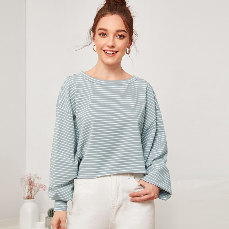

Drop Shoulder Striped Pullover Without Bag, Blue pastel