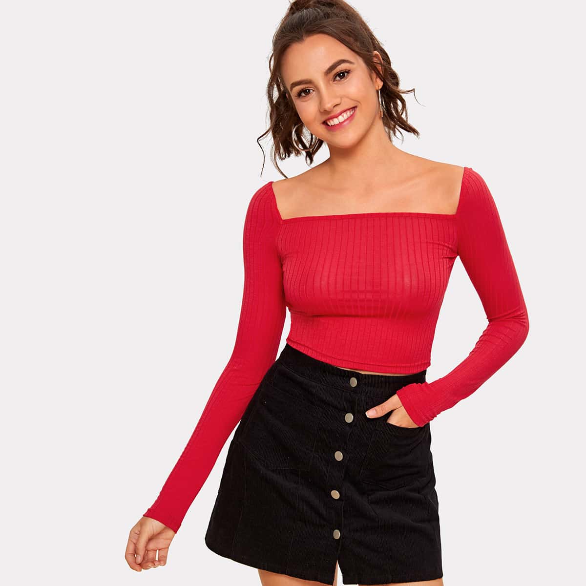 

Square Neck Ribbed Knit Crop Tee, Red