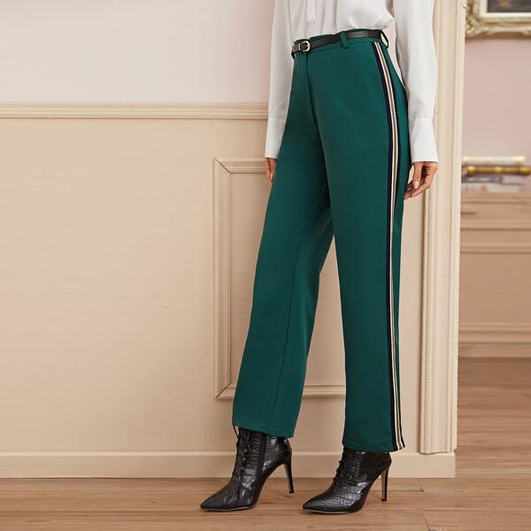 

Side Striped Belted Straight Leg Pants, Green