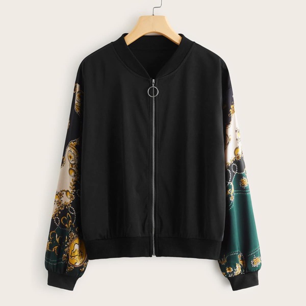 

Scarf Print Zip Up Bomber Jacket, Black