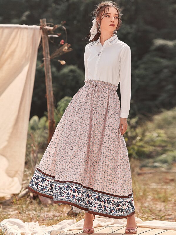 

Ditsy Floral Drawstring Flared Skirt, Multicolor, Poli