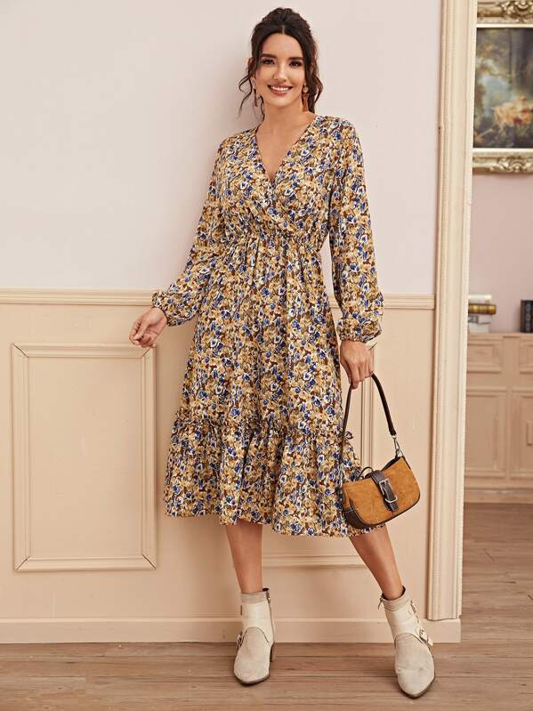 

Allover Print Surplice Neck A-line Dress, Multicolor, Juliana