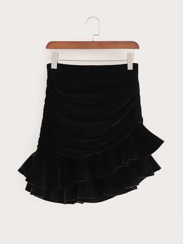 

Layered Ruffle Hem Velvet Skirt, Black