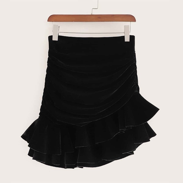 

Layered Ruffle Hem Velvet Skirt, Black