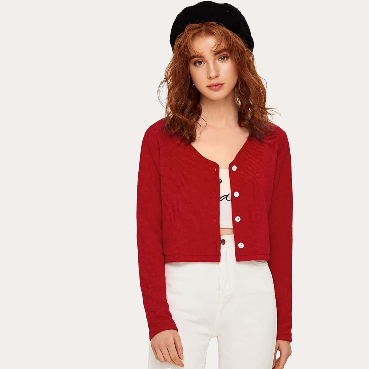

Solid Button Front Crop Cardigan, Red