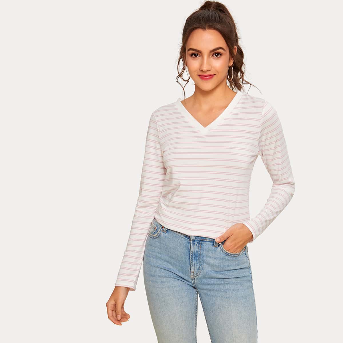 

Striped V-neck Long Sleeve Tee, White
