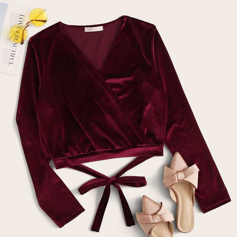 Surplice Front Knot Back Velvet Tee, Burgundy