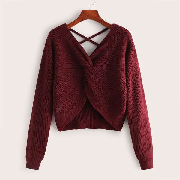 

Twist Front Criss-cross Sweater, Burgundy