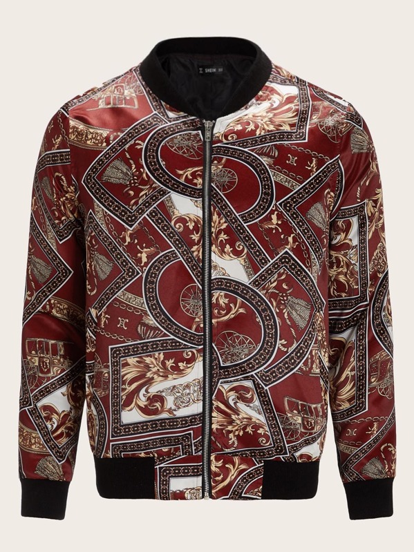 

Men Zip Up Scarf Print Bomber Jacket, Multicolor