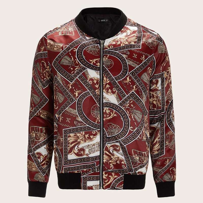 

Guys Zip Up Scarf Print Bomber Jacket, Multicolor