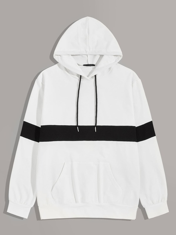 

Men Patch Pocket Colorblock Drawstring Hoodie, White