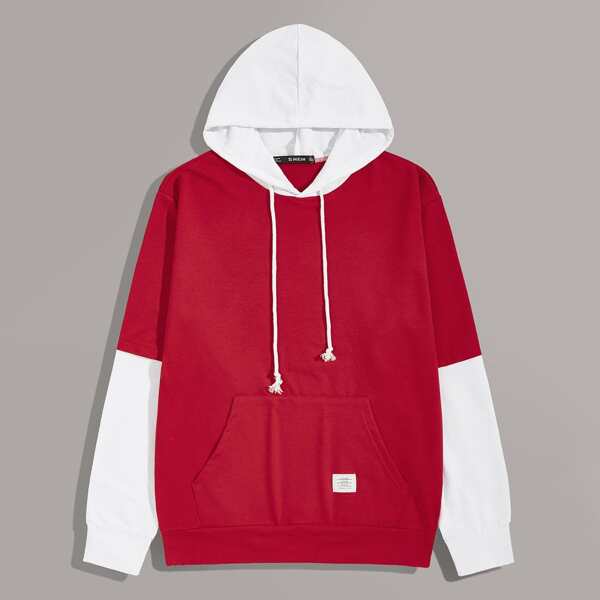 Men Patched Detail Kangaroo Pocket Color Block Drawstring Hoodie, Red