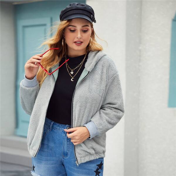 

Plus Zip Through Hooded Teddy Jacket, Grey