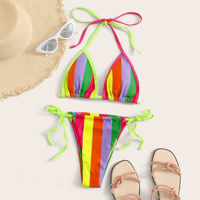 

Multi-color Striped Halter Bikini Set, Multicolor