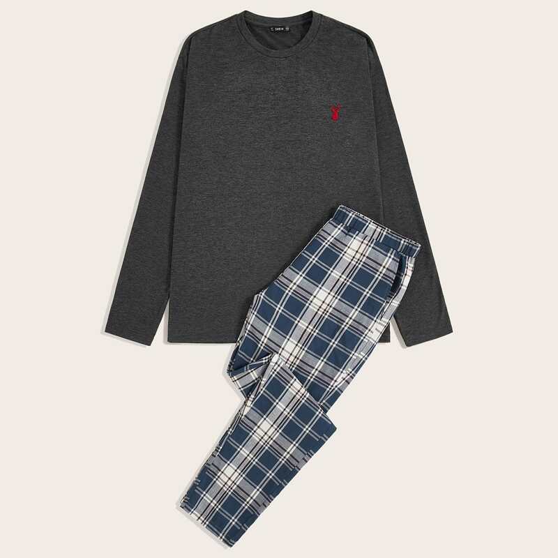

Guys Embroidered Detail Top & Plaid Pants PJ Set, Multicolor