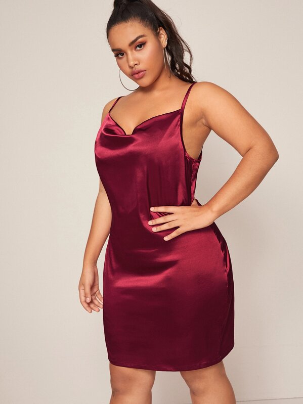 

Plus Draped Neck Satin Slip Dress, Burgundy, Emilie