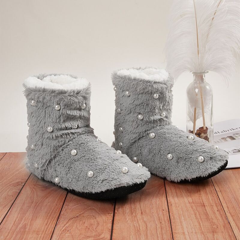 

Faux Pearl Decor Fluffy Ankle Boots, Grey
