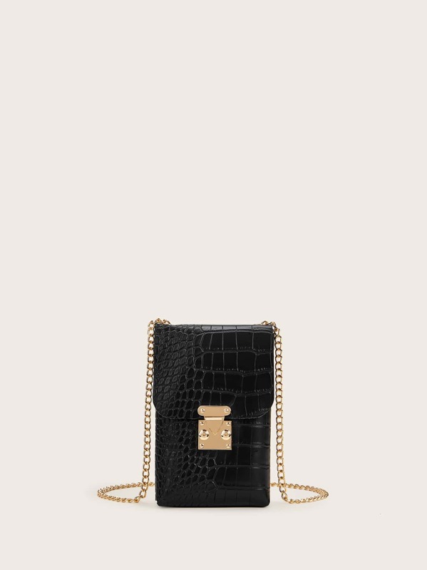 

Croc Embossed Chain Fanny Pack, Black