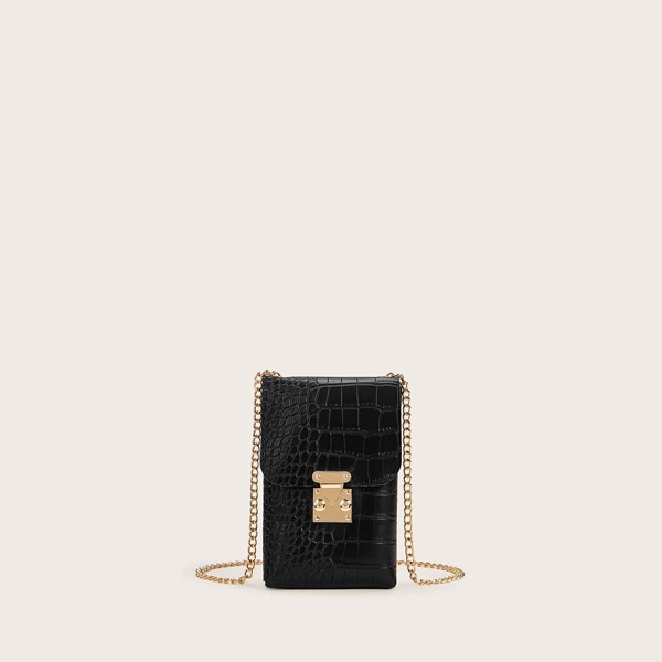 

Croc Embossed Chain Fanny Pack, Black