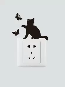貓咪蝴蝶剪影開關貼紙 - 黑色 - 查看 1