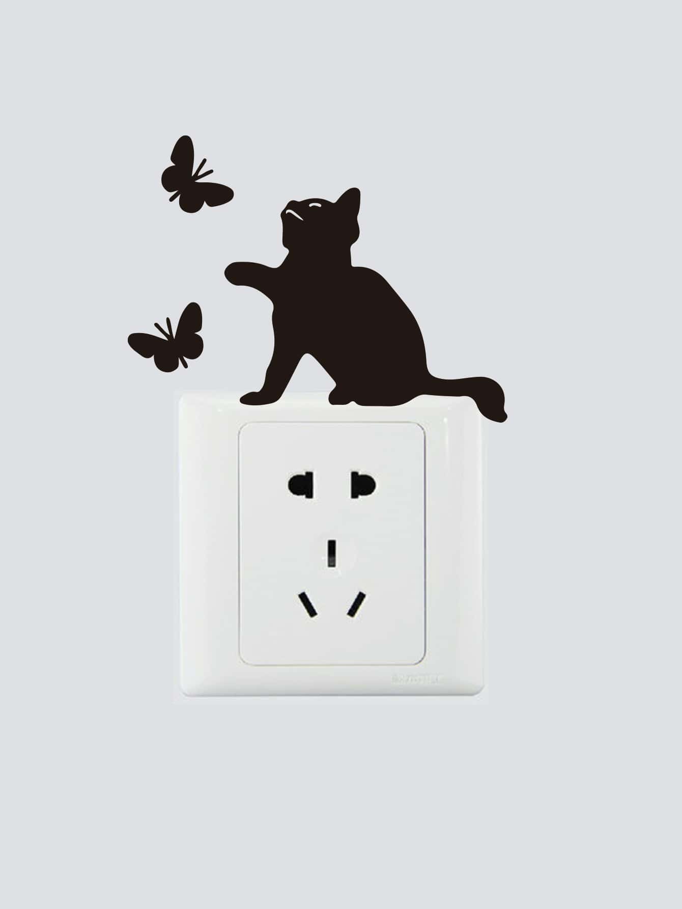 貓咪蝴蝶剪影開關貼紙 - 黑色 - 查看 1