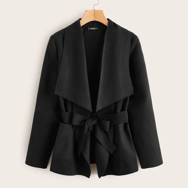 

Self Belted Pocket Front Waterfall Wrap Coat, Black
