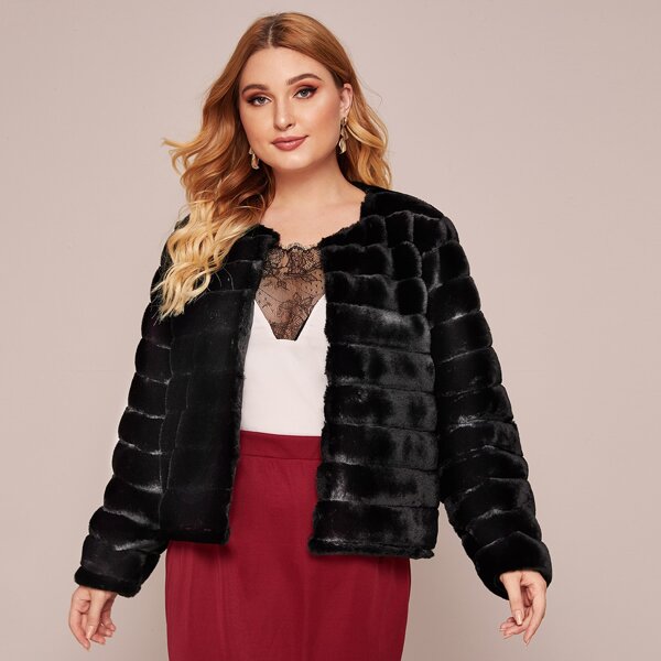

Plus Open Front Textured Faux Fur Coat, Black